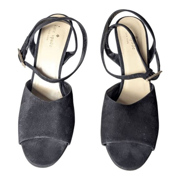 KATE SPADE NEW YORK Strappy Black Suede Peep Toe Heeled Sandals Size 8.5 - Picture 4 of 7